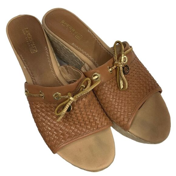 Sperry Top-Sider Womens‎ Platform Tan Brown Leather Wedge Slide Sandals Size 10 - Picture 1 of 9